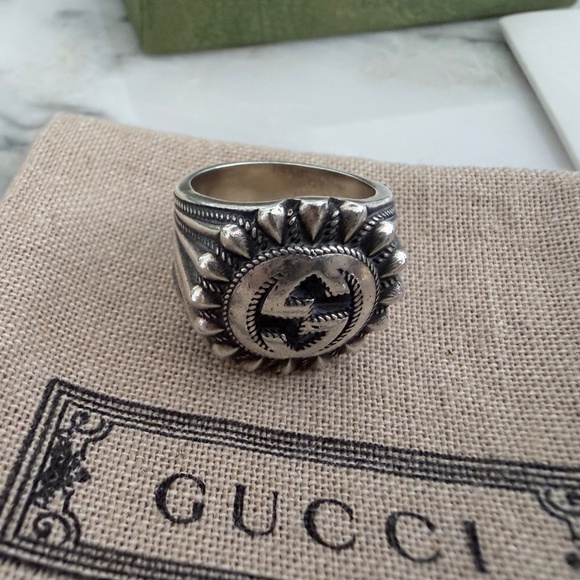 GUCCI AG925 Interlocking G GG Logo Ster Silver Signet Ring Size IT 13/ US 6.75 - Picture 16 of 16